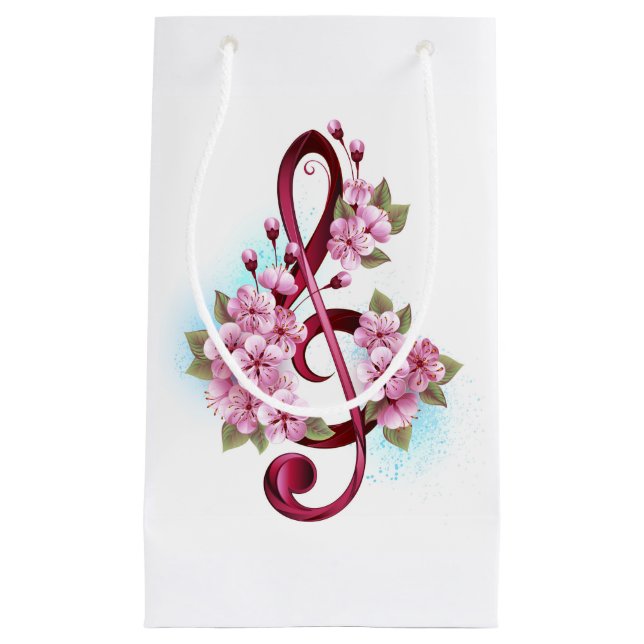 Petit Sac Cadeau Musical treble clef notes with sakura flowers (Devant)