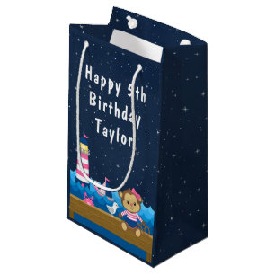 Petit Sac Cadeau Nautique Singe rose et Marine Joyeux anniversaire