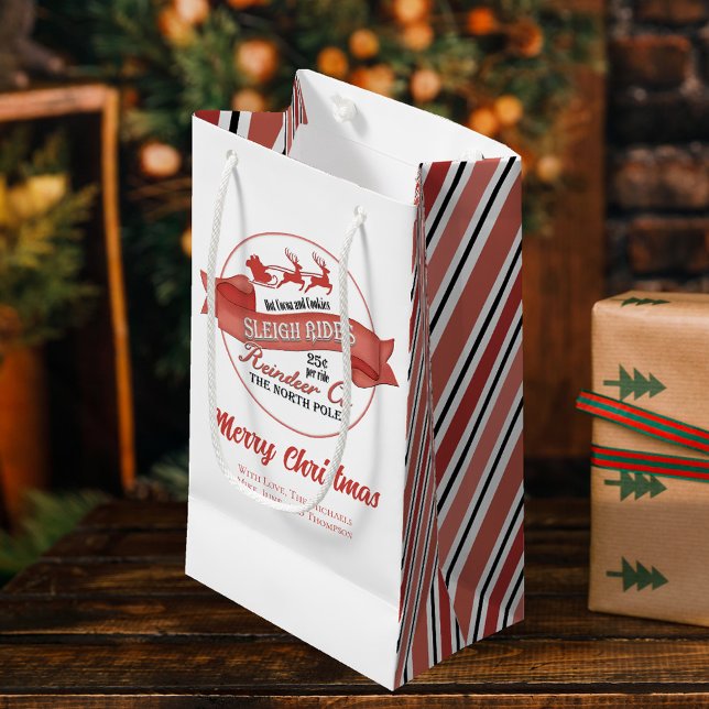 Petit Sac Cadeau Noël blanc et rouge mignon (Merry Christmas gift bag with whimsical Santa Sleigh Rides. )