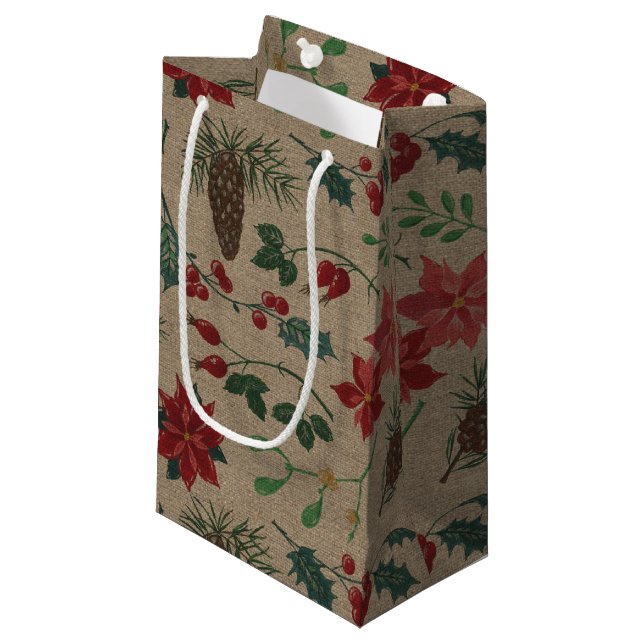 Petit Sac Cadeau Noël botanique traditionnel (Devant Angle)