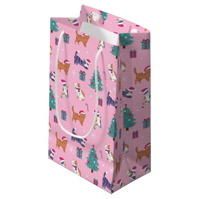 Petit Sac Cadeau Noël Chats et arbres Motif de vacances (Devant Angle)