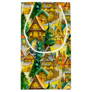 Petit Sac Cadeau Noël dans Whimsical Village Motif aquarelle