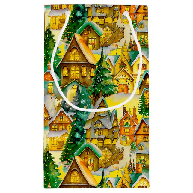 Petit Sac Cadeau Noël dans Whimsical Village Motif aquarelle (Dos)