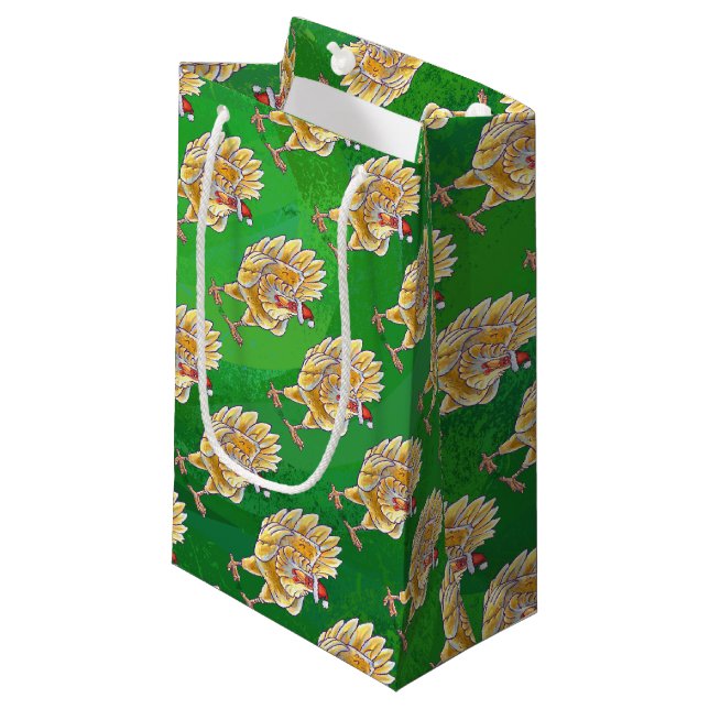 Petit Sac Cadeau Noël Du Poulet Sur Vert (Devant Angle)