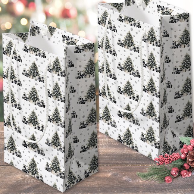 Petit Sac Cadeau Noël Élégant Noir Blanc (Black White Elegant Christmas Tree Small Gift Bag)