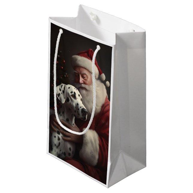 Petit Sac Cadeau Noël festif Dalmatien avec le Père Noël (Devant Angle)
