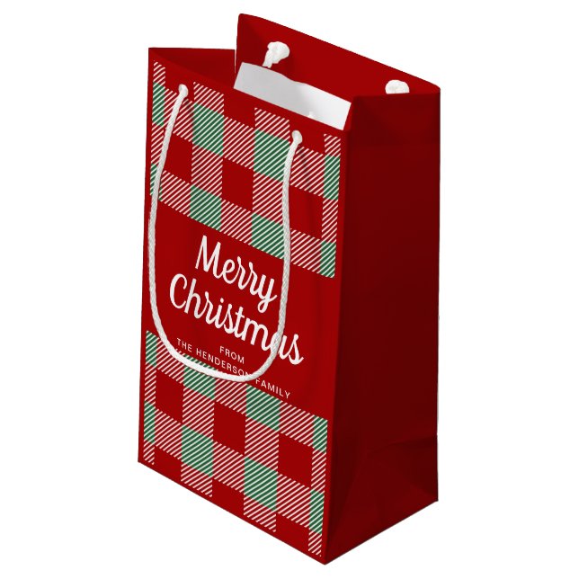 Petit Sac Cadeau Noël Rustique Rouge Et Vert Plaid (Dos Angle)