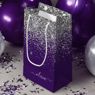 Petit Sac Cadeau Nom de jeune fille en paillettes violet argenté