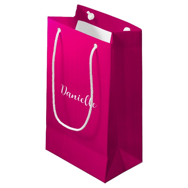 Petit Sac Cadeau Nom personnalisé en faux métal rose (Devant Angle)