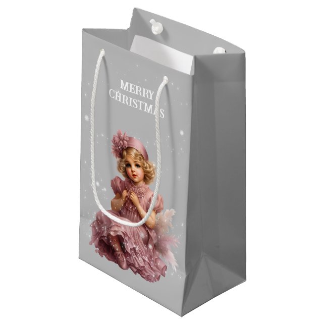Petit Sac Cadeau Nostalgique Joyeux Noël en rose glacé (Devant Angle)