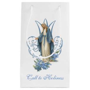 Petit Sac Cadeau Notre-Dame de Grâce Catholique Fleurs Bleues