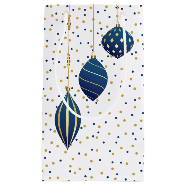 Petit Sac Cadeau Ornements de Noël Bleu Or (Devant)