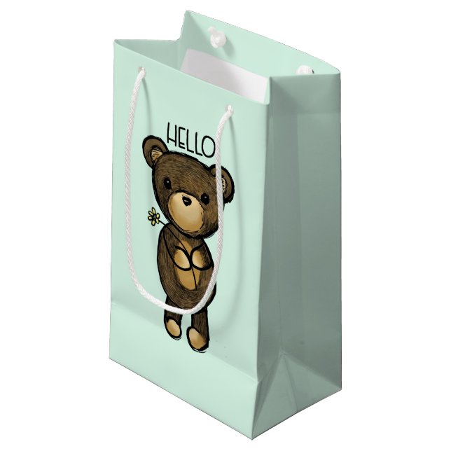 Petit Sac Cadeau Ours Brown mignon tenant une Fleur Jaune (Devant Angle)