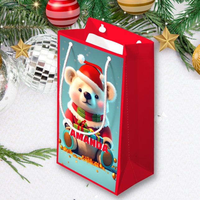 Petit Sac Cadeau Ours en peluche Noël Personnalisé Enfants Rouge (Créateur téléchargé)