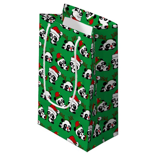 Petit Sac Cadeau Pandas de Noël (Devant Angle)