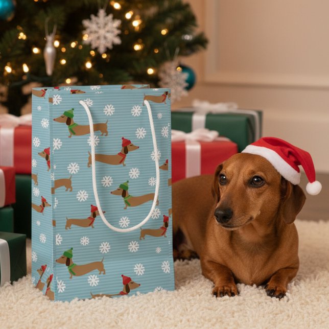 Petit Sac Cadeau Papier d'enveloppement de Noël Dachshund Flammes d (Blue dachshund Christmas gift bag - variety of sizes)