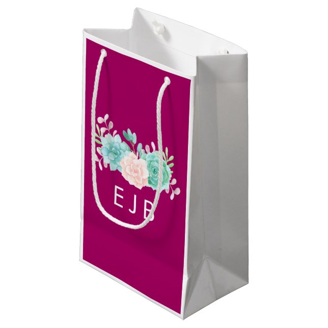 Petit Sac Cadeau Pastel Pink & Green Bouquet Floral Monogramme (Devant Angle)