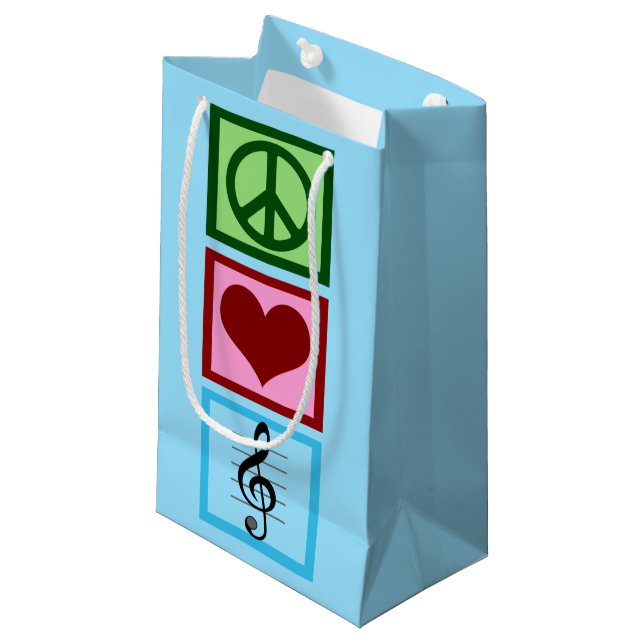 Petit Sac Cadeau Peace Love Musique Bleu Musicien Noël (Devant Angle)