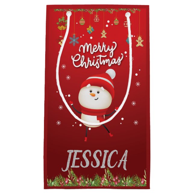 Petit Sac Cadeau Personnalisez Votre Nom, Bonhomme de Neige Joyeux  (Devant)