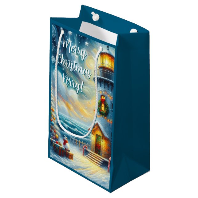 Petit Sac Cadeau Phare de Noël Arbre Nautique Bleu Côtier (Devant Angle)