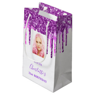 Petit Sac Cadeau Photo d'anniversaire blanc pourpre gouttes de part