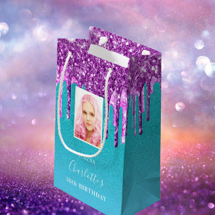 Petit Sac Cadeau Photo d'anniversaire turquoise parties scintillant
