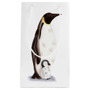 Petit Sac Cadeau Pingouin empereur et pingouin bébé hiver blanc