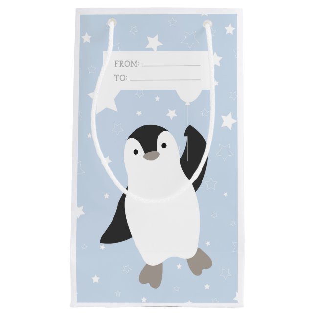 Petit Sac Cadeau Pingouin et ballons flottants dans la neige (Devant)