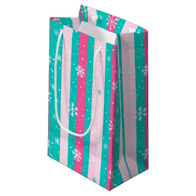 Petit Sac Cadeau Pink and Mint Vertical Striped Snowflake (Devant Angle)