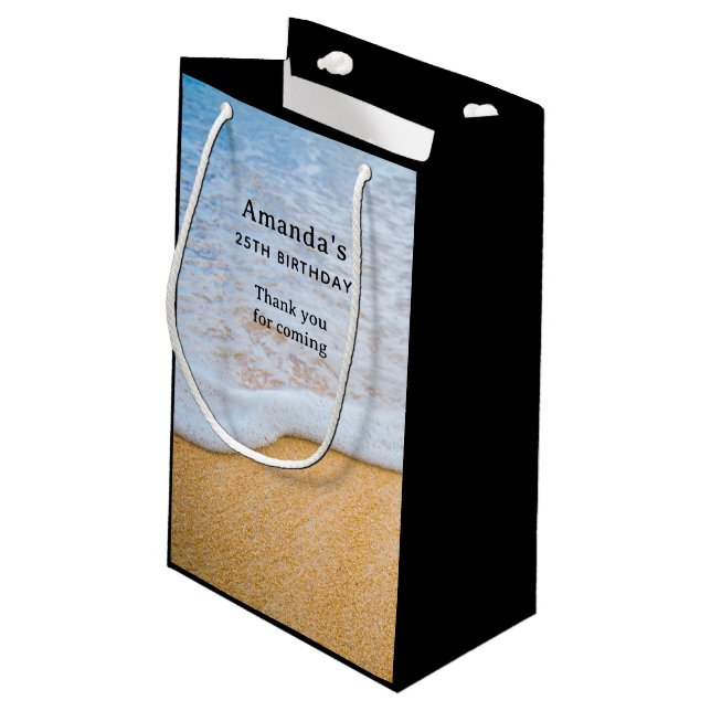 Petit Sac Cadeau Plage de sable avec Surf en mousse - Merci d'anniv (Dos Angle)