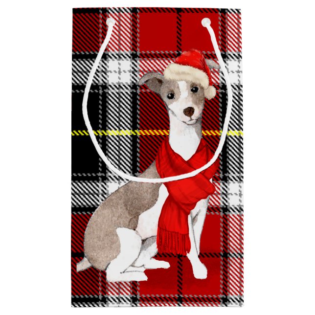 Petit Sac Cadeau Plaid et un chien de Noël gris italien (Dos)