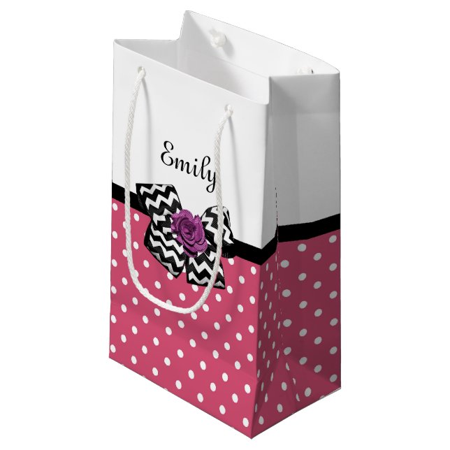 Petit Sac Cadeau Points roses mignons Rose pourpre Chevron Bow et n (Devant Angle)