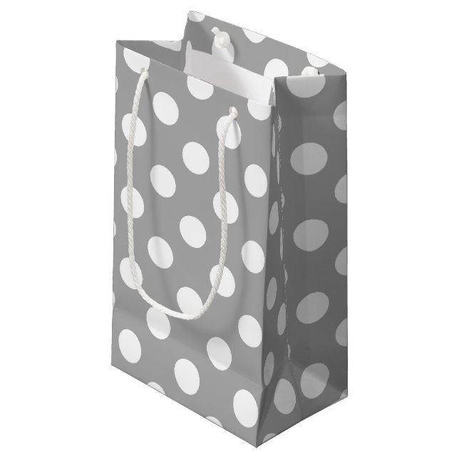 Petit Sac Cadeau Pois blancs sur gris (Devant Angle)