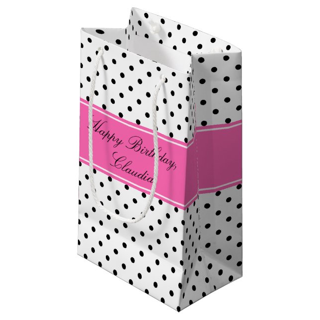 Petit Sac Cadeau Pois noirs et blancs avec Hot Rose Anniversaire (Devant Angle)