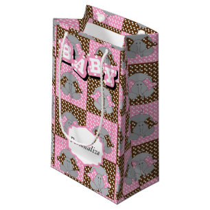 Petit Sac Cadeau Pois rose et Brown mignon d'éléphant