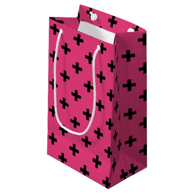 Petit Sac Cadeau Polka noire croise sur fuchsia (Devant Angle)