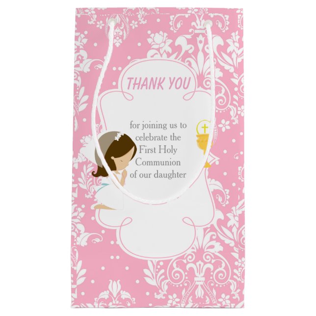 Petit Sac Cadeau Première Communion Brunette Merci de fille cheveux (Devant)