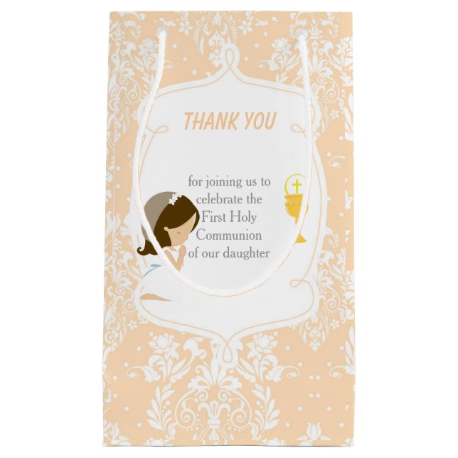 Petit Sac Cadeau Première Communion Brunette Merci de fille cheveux (Devant)