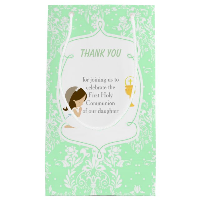 Petit Sac Cadeau Première Communion Brunette Merci de fille cheveux (Devant)