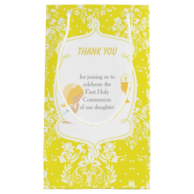 Petit Sac Cadeau Première Communion Damask Blonde fille Merci (Devant)