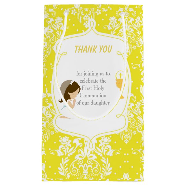 Petit Sac Cadeau Première Communion Damask Brunette Girl Merci (Devant)