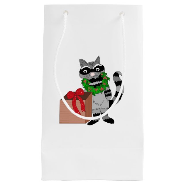 Petit Sac Cadeau Raton laveur de caricature amusant avec présent (Devant)