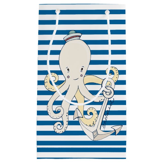 Petit Sac Cadeau Rayure horizontale bleue et blanche de poulpe (Devant)