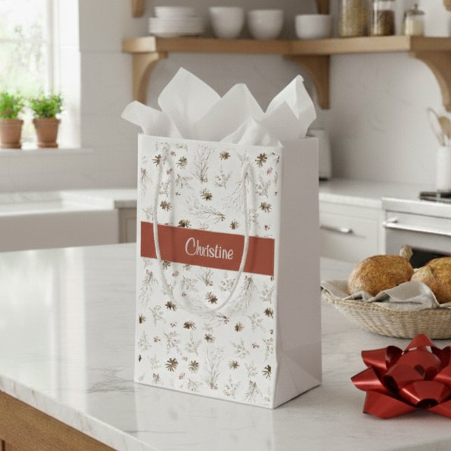 Petit Sac Cadeau Red Boho Woodland Winterberry Monogram (Créateur téléchargé)