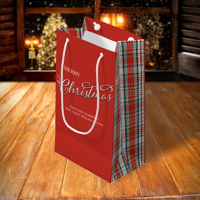 Petit Sac Cadeau Red Green Plaid Joyeux Noël personnalisé (Merry Christmas red and green plaid pattern gift bag)