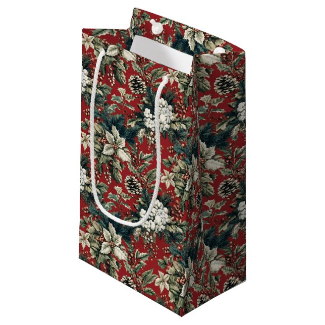 Petit Sac Cadeau Red Traditional Christmas Floral and Pinecone  (Devant Angle)