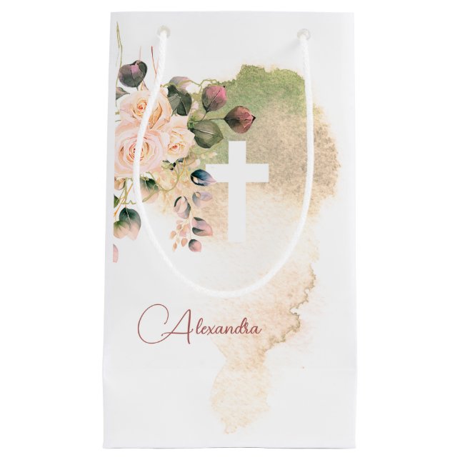 Petit Sac Cadeau Religieux Elegant Rose Pink Cross Personnel (Devant)