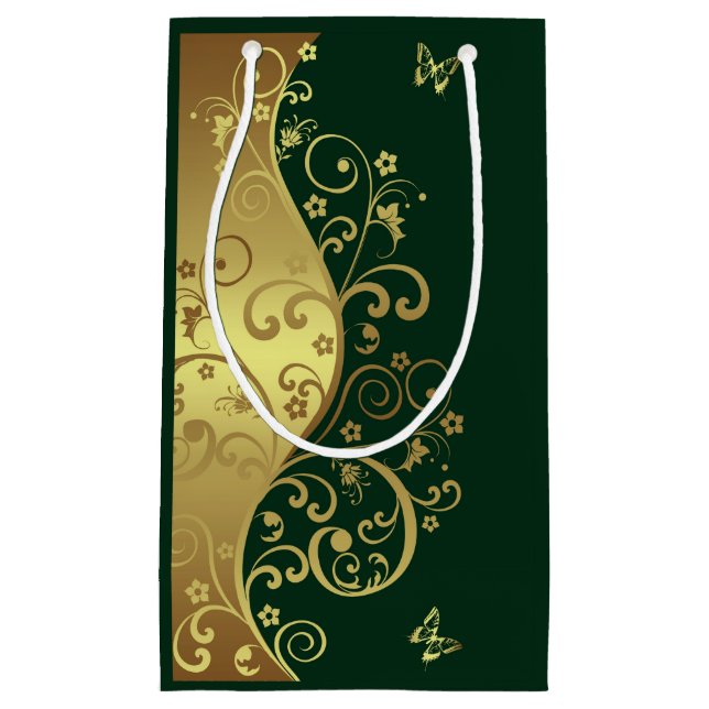 Petit Sac Cadeau Remous d'or et vert-foncé (Devant)