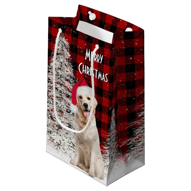 Petit Sac Cadeau Retriever de Noël sur Buffalo Plaid (Devant Angle)