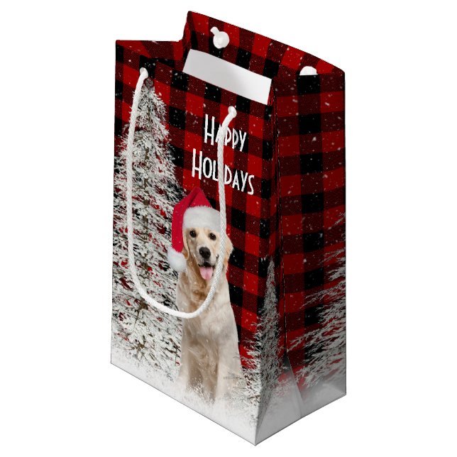 Petit Sac Cadeau Retriever d'or de Noël sur Plaid (Devant Angle)